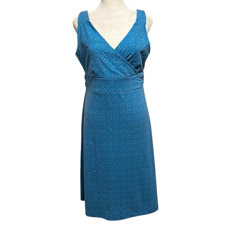 Eddie Bauer M Lily Travel Dress Teal Dot Pattern Crossover Sleeveless Geometric